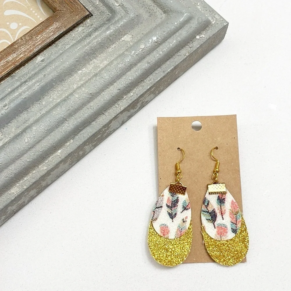 Feather print teardrop hand made earrings